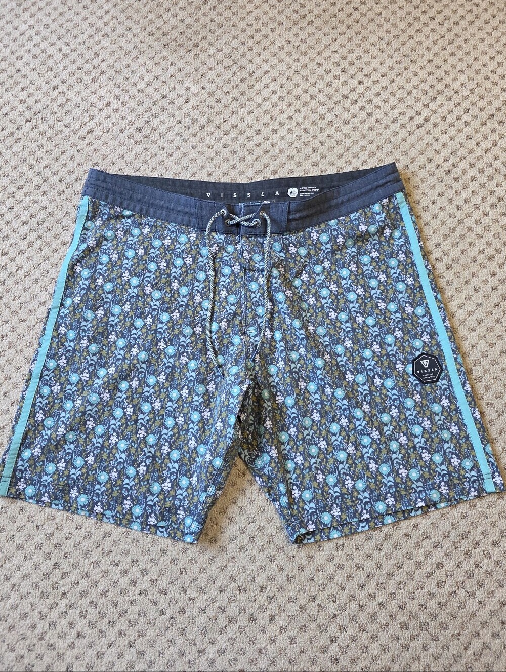VISSLA Men’s Teal and Navy Patterned Swim Board Shorts